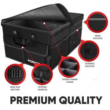 FORTEM Car Trunk Organizer, Collapsible Multi Compartment Car Organizer, Foldable SUV Storage for Car Accessories for Women Men, Non Slip Bottom, Securing Straps, Soft Cover 50L (Black, Standard)