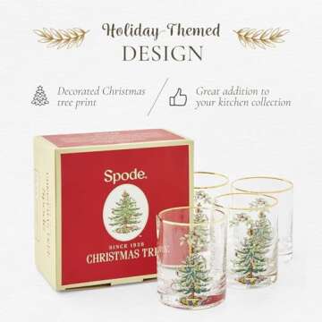 Spode Christmas Tree 14oz Double Old Fashioned Glasses, Set of 4 - Festive Holiday Drinkware with Rustic Christmas Design, Excellent for Whiskey at Holiday Gatherings and Cozy Celebrations