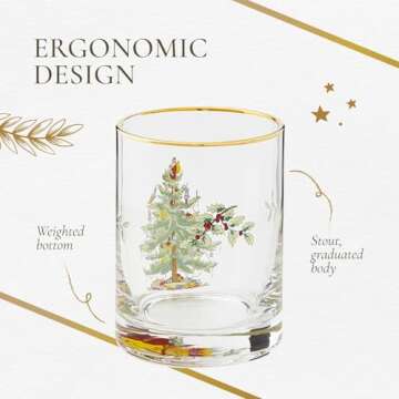 Spode Christmas Tree 14oz Double Old Fashioned Glasses, Set of 4 - Festive Holiday Drinkware with Rustic Christmas Design, Excellent for Whiskey at Holiday Gatherings and Cozy Celebrations