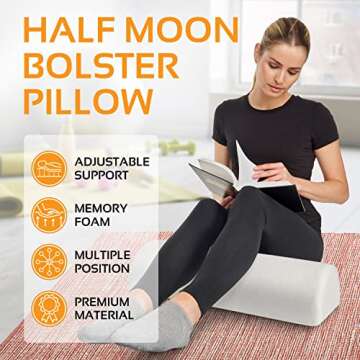 AllSett Health Large Half Moon Bolster Pillow for Legs, Knees, Lower Back and Head, Lumbar Support Pillow for Bed, Sleeping | Semi Roll for Ankle and Foot Comfort - Machine Washable Cover, White