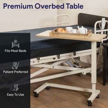 Adjustable Light Oak Hospital Bed Table with Wheels