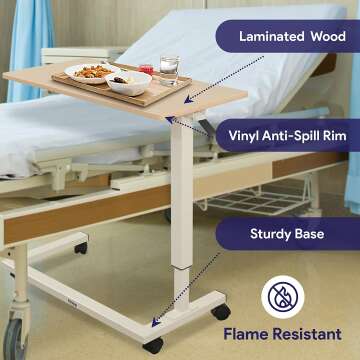 Adjustable Light Oak Hospital Bed Table with Wheels