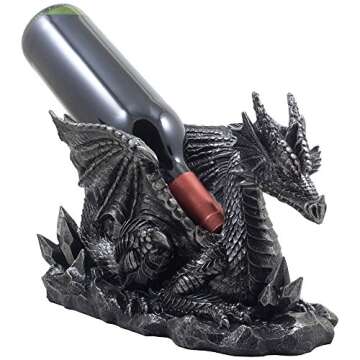 Mythical Guardian Dragon Wine Bottle Holder Statue in Metallic Look for Decorative Medieval and Gothic Decor for Home Bar, Tabletop Wine Rack and Office Server Decorations Or Rec Room Gifts for Men