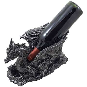 Mythical Guardian Dragon Wine Bottle Holder Statue in Metallic Look for Decorative Medieval and Gothic Decor for Home Bar, Tabletop Wine Rack and Office Server Decorations Or Rec Room Gifts for Men