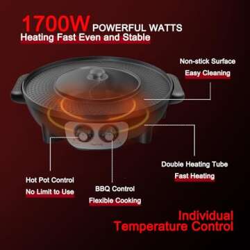 Food Party Hot Pot with Grill 2 in 1 Electric Smokeless Grill and Hotpot Pot Combo Korean BBQ Grill 110V 1700W