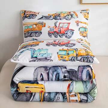 Erosebridal Kids Excavator Comforter Set Full Size, Retro Truck Down Comforter for Boys Girls Teens, Tractor Machinery Construction Vehicle Bedding Set Crane Digger Mixer Quilted Duvet Bedroom Decor