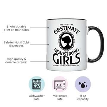 YouNique Designs Jane Austen Mug, 11 Ounces, Society of Obstinate Headstrong Girls Coffee Mug, Jane Austin Cup for Women, Jane Austen Merch, Book Lover Mug (Black Handle)