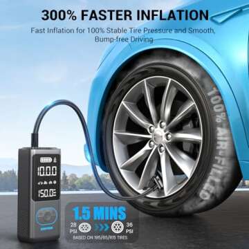 AVAPOW AP18 Tire Inflator Portable Air Compressor, 300% Faster 150 PSI Cordless Air Pump with Tire Pressure Gauge, 3.7″ Dual LCD Screen, Auto-Shuts Off Tire Pump for Car, Motorcycle, Bicycle, Balls