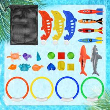 Jasonwell Pool Diving Toys Games - 25PCS Swimming Pool Toys with Dive Sticks and Rings Underwater Treasures Torpedo Bandits Fish Toys etc Fun Water Swim Toys for Boys Girls Adults Kids Teens