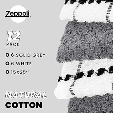 Zeppoli Classic Kitchen Towels - 12 Pack 100% Natural Cotton Kitchen Towel Set, Reusable Wash Cloths, Absorbent Dish Towels, Machine Washable Hand Towels, Kitchen Essentials - 15” by 25” - Gray