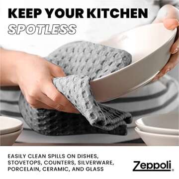 Zeppoli Classic Kitchen Towels - 12 Pack 100% Natural Cotton Kitchen Towel Set, Reusable Wash Cloths, Absorbent Dish Towels, Machine Washable Hand Towels, Kitchen Essentials - 15” by 25” - Gray