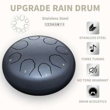 Rain Drum for Outside Garden, 8 Notes 6 Inches Steel Tongue Drum Rain Chime, Chakra Drum for Rain, Rain Drum for Outside Garden When It Rains (Navy Blue)