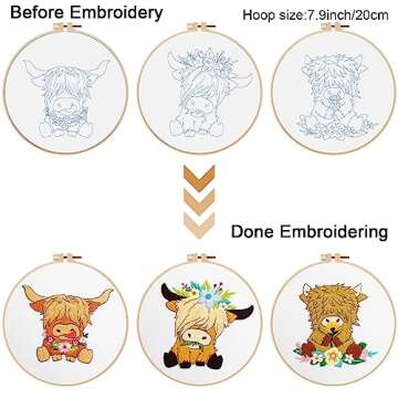 Louise Maelys 3 Sets Highland Cow Embroidery Kits for Beginners,Adults Starter Animal Pattern Cross Stitch Kit DIY Needlepoint