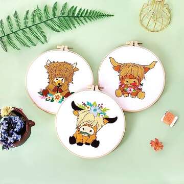 Louise Maelys 3 Sets Highland Cow Embroidery Kits for Beginners,Adults Starter Animal Pattern Cross Stitch Kit DIY Needlepoint