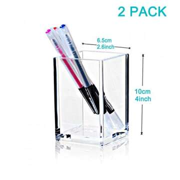 2 Pack Clear Acrylic Pencil Pen Holder Cup,Desk Accessories Holder,Makeup Brush Storage Organizer,Modern Design Desktop Stationery Organizer for Office School Home Supplies,2.6x 2.6x 4 inches