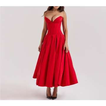 GeRRiT Women's Dress, Sexy Strapless, Backless, Fishbone Waist Tied Black Dress, Long Dress, Formal Dress (Color : Red, Size : Small)