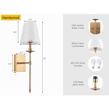 Wall Sconces Set of Two with Remote,Dimming 10-100% & Adjustable Colors 2700-6500K,Hardwired Wall Lamps White Fabric Shades,Wall Mounted Lamp with Night Light & Timer,Antique Brass,NOT Battery Powered