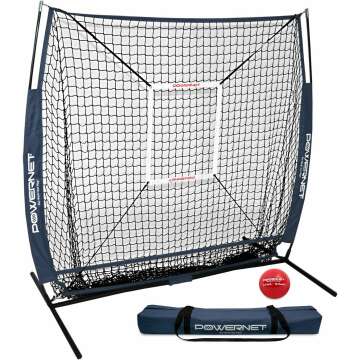 PowerNet 5x5 Practice Net + Strike Zone + Weighted Training Ball Bundle | Baseball Softball Coaching Aid | Compact Lightweight Ultra Portable | Hitting Pitching (Red)