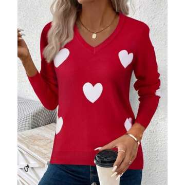 Gleeivy Winter Sweaters for Women 2024 Trendy Red Heart Sweater V Neck Pullover Sweaters Relaxed Fit Long Sleeve Sweatshirt Ribbed Cable Knit Wool Tops Spring Outfits Petite Cotton Business Attire S