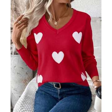 Gleeivy Winter Sweaters for Women 2024 Trendy Red Heart Sweater V Neck Pullover Sweaters Relaxed Fit Long Sleeve Sweatshirt Ribbed Cable Knit Wool Tops Spring Outfits Petite Cotton Business Attire S