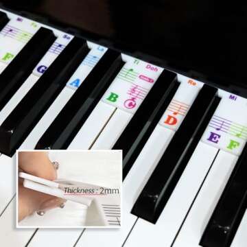 Removable Piano Keyboard Stickers for Beginners Made of Silicone Piano Note Guide for 88/76/61/54/39/37 Keys Full Size Note Letter Labels Washable (Colourful)