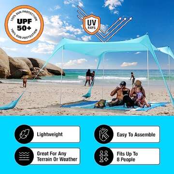 SUN NINJA Pop Up Beach Tent Sun Shelter UPF50+ with Sand Shovel, Ground Pegs and Stability Poles, Outdoor Shade for Camping Trips, Fishing, Backyard Fun or Picnics