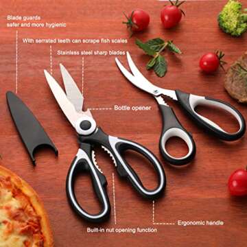 OMDAR Food Grade Kitchen Scissors 3 Pack- Lifetime Replacement Warranty -Heavy Duty Stainless Steel Cooking Shears for Cutting Meat, Food, Fish, Poultry Multipurpose Sharp Sissors for Dishwasher Safe