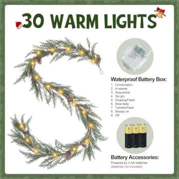 Artgar Pine Garland, Real Touch Pine Garland, 6 FT Cedar Garland, Christmas Garland with 30 Warm Lights with 8 Light Modes, Garland Christmas Decorations for Mantels Stair Table Decor (White-Green)