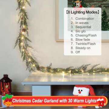 Artgar Pine Garland, Real Touch Pine Garland, 6 FT Cedar Garland, Christmas Garland with 30 Warm Lights with 8 Light Modes, Garland Christmas Decorations for Mantels Stair Table Decor (White-Green)