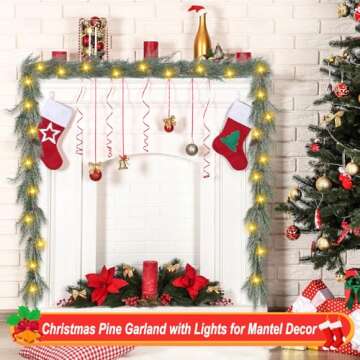 Artgar Pine Garland, Real Touch Pine Garland, 6 FT Cedar Garland, Christmas Garland with 30 Warm Lights with 8 Light Modes, Garland Christmas Decorations for Mantels Stair Table Decor (White-Green)