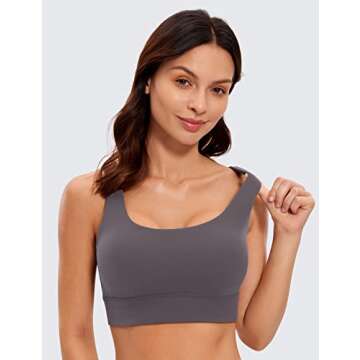 CRZ YOGA Butterluxe Womens U Back Sports Bra - Scoop Neck Padded Low Impact Yoga Bra Workout Crop Top with Built in Bra Tornado Grey Large