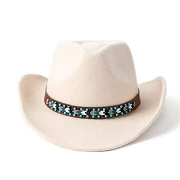 Gossifan Western Cowboy & Cowgirl Hat Felt Wide Brim Women Men Fedora Hats-B Belt Beige