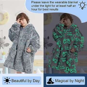 Wearable Blanket Hoodie for Kids Oversized Sherpa Blanket Hoodie for Kids Boys Girls Teens 6-13YR,Glow in The Dark Game Controller