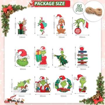 Fabelly 24PCS Christmas Tree Decorations, Christmas Tree Ornaments - Cute Wooden Hanging Ornaments for Christmas Tree - Christmas Decor Indoors Home Party