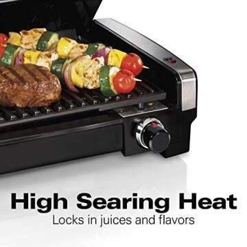 Hamilton Beach Electric Indoor Searing Grill - Adjustable Temp, Nonstick Grate, 118 sq. in. Serving 6 - Stainless Steel Design