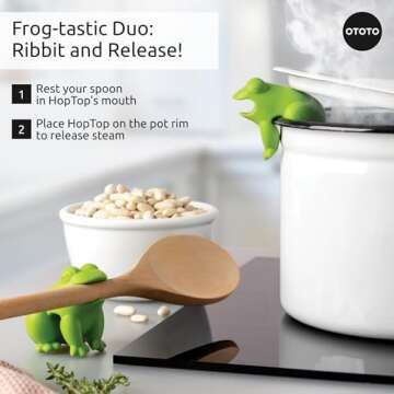 NEW!! OTOTO HopTop Frog Spoon Holder for Stove Top - Spoon Rest for Stove Top and Steam Releaser, Cute Kitchen Accessories, Cooking Gifts, Cool Kitchen Gadgets, Fun Kitchen Gifts, White Elephant Gifts