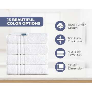 Hawmam Linen White Bath Towels 4 Pack 27 x 54 Inches 100% Turkish Cotton Soft Lightweight and Highly Absorbent Quick Drying Towels, Premium Quality Perfect for Daily Use