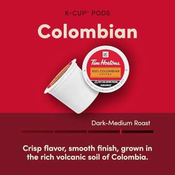 Tim Hortons 100% Colombian, Medium Dark Roast Coffee, Single-Serve K-Cup Pods Compatible with Keurig Brewers, 12ct K-Cups, Red