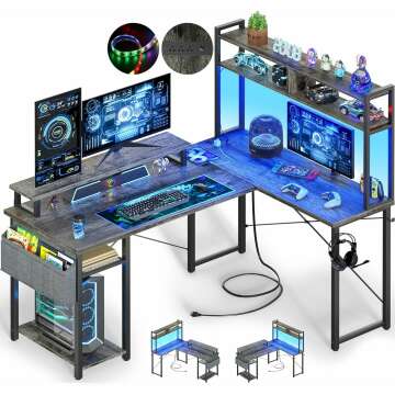 Compact L Shaped Gaming Desk with Power Outlets & Monitor Stand