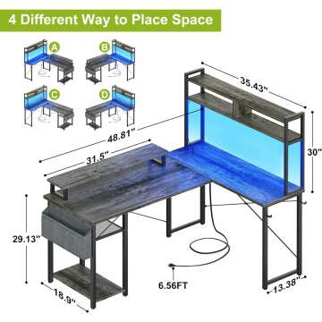 L Shaped Gaming Desk with Power & Storage - 48 Inch