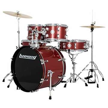 Ludwig Accent Drive 5-Pc Drum Set, Red Sparkle - Includes: Hardware, Throne, Pedal, Cymbals, Sticks & Drumheads