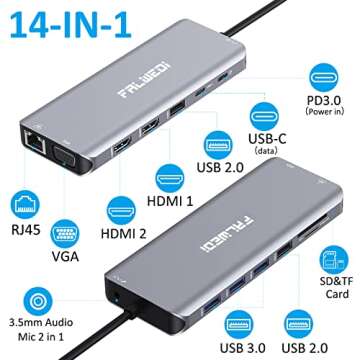 USB C Laptop Docking Station, 14 in 1 Type C Hub Multiport Adapter Dongle with 3 Monitors, Dual HDMI, VGA, PD, Ethernet, SD/TF, USB C/A Ports, Mic/Audio, Compatible for Dell/Surface/HP/Lenovo Laptops