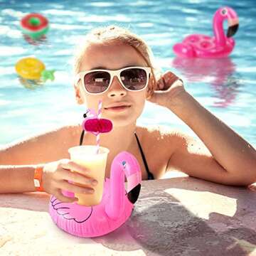 Aytai 10pcs Inflatable Drink Pool Floats - 1pc Large Flamingo Inflatable Drink Holder and 9pcs Mini Drink Float Cup Holders for Summer Pool Party Hawaii Luau Decorations