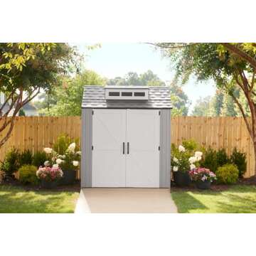 Rubbermaid Resin Outdoor Storage Shed With Floor (7 x 7 Ft), Weather Resistant, Gray, Organization for Home/Backyard/Garden Tools/Lawn Mower/Bike Storage/Pool Supplies