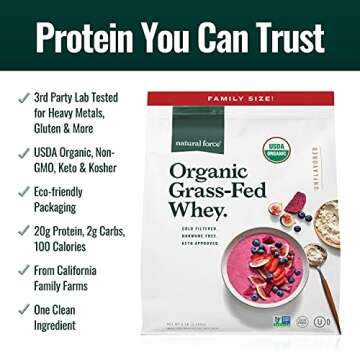 Natural Force Grass Fed Organic Whey Protein Powder – Non GMO Verified, Humane Certified & Lab Tested for Toxins – Pure & Unflavored – Keto Friendly, Low Carb, and Kosher – 5 Pound A2 Protein