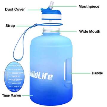 QuiFit Motivational Gallon Water Bottle - with Straw & Time Marker BPA Free Large Reusable Sport Water Jug with Handle for Fitness Outdoor Enthusiasts Leak-Proof (Blue/Blue Gradient,1 Gallon)