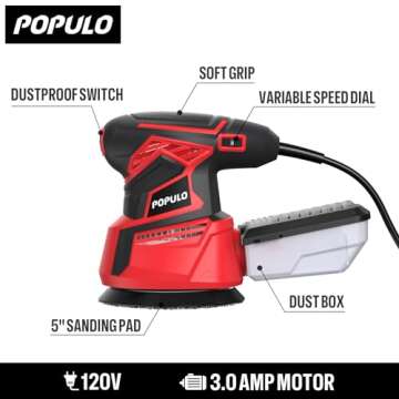 POPULO Palm Orbital Sander Tool 5 inch 3Amp 360W with 15 Sandpapers, Dust Collection System, and Ergonomic Design for Efficient Sanding -sanders for sanders for woodworking, Automotive