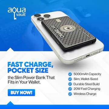 Ultra Thin Wireless Phone Charger. Portable Magnetic Power Bank that Fits in Your Wallet. 5000mAh & 20W Fast Charge. Works with Iphone 12-15 and other Phones with Magnetic Charging Tech. ChargeCard