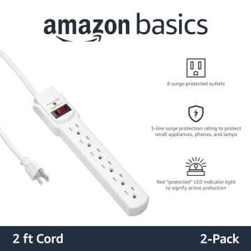 Amazon Basics 6-Outlet Surge Protector Power Strip - 2 Pack, 200 Joules, 2ft White