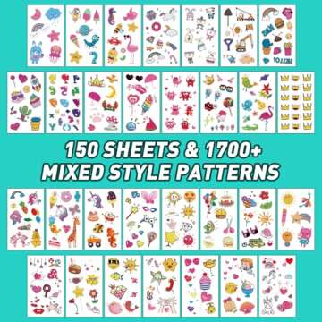 Metker Tattoos for Kids - 150 Sheets(1700+ Mixed Styles Patterns) | Temporary Tattoos Stickers for Girls and Boys | Goody Bag Favor for Parties | Non-toxic、Skin-Safe*、Cosmetic-Grade